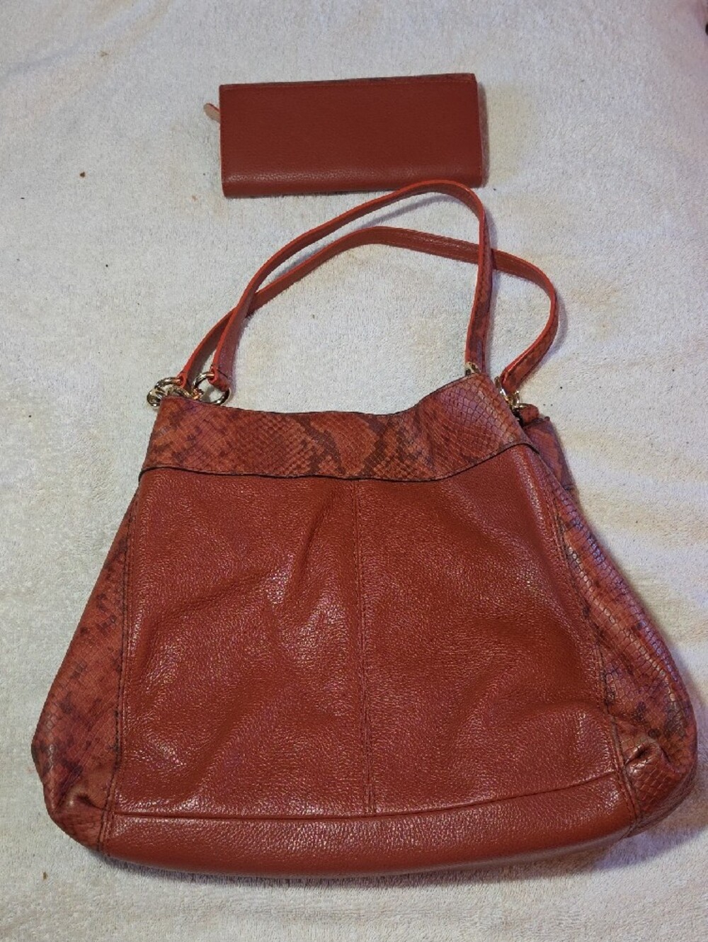 Coach Rust Leather Shoulder Bag with Snakeskin-Print Trim - Picture 2 of 16